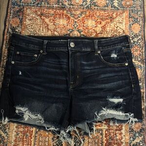 American Eagle Dark Wash Distressed Jean Shorts with Frayed Hem